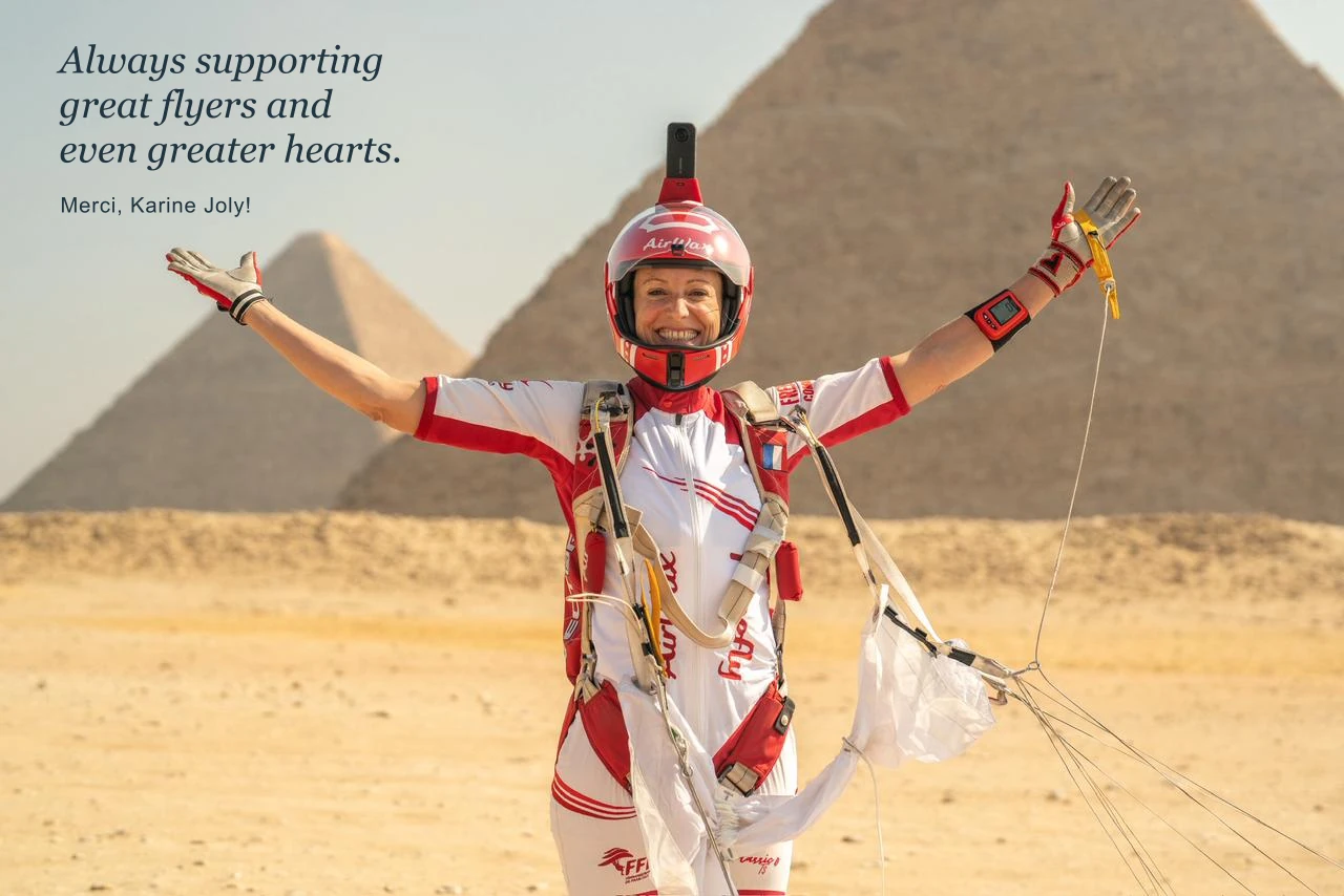 Karine Joly at the pyramids. Always supporting great flyers and even greater hearts. Merci, Karine Joly!